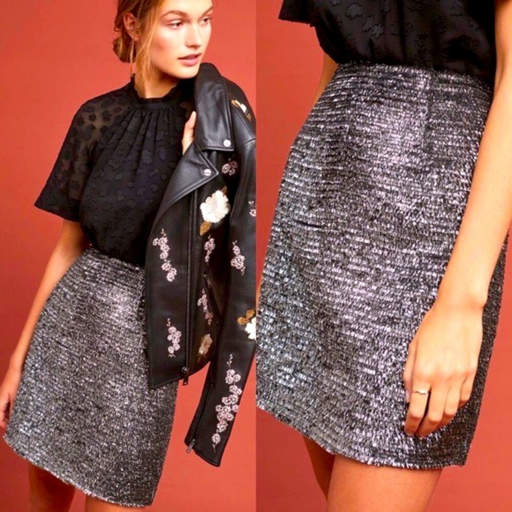 Anthropologie Mini Skirt Hutch Eyelash Fringe Black Metallic Holiday size XS